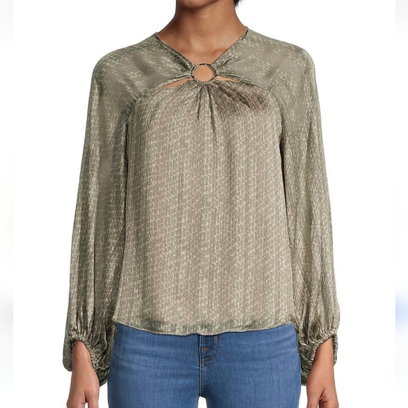 Bailey 44 Rosemary Green Abstract O-ring Blouson Sleeve Top Shirt Size Medium - Picture 1 of 11